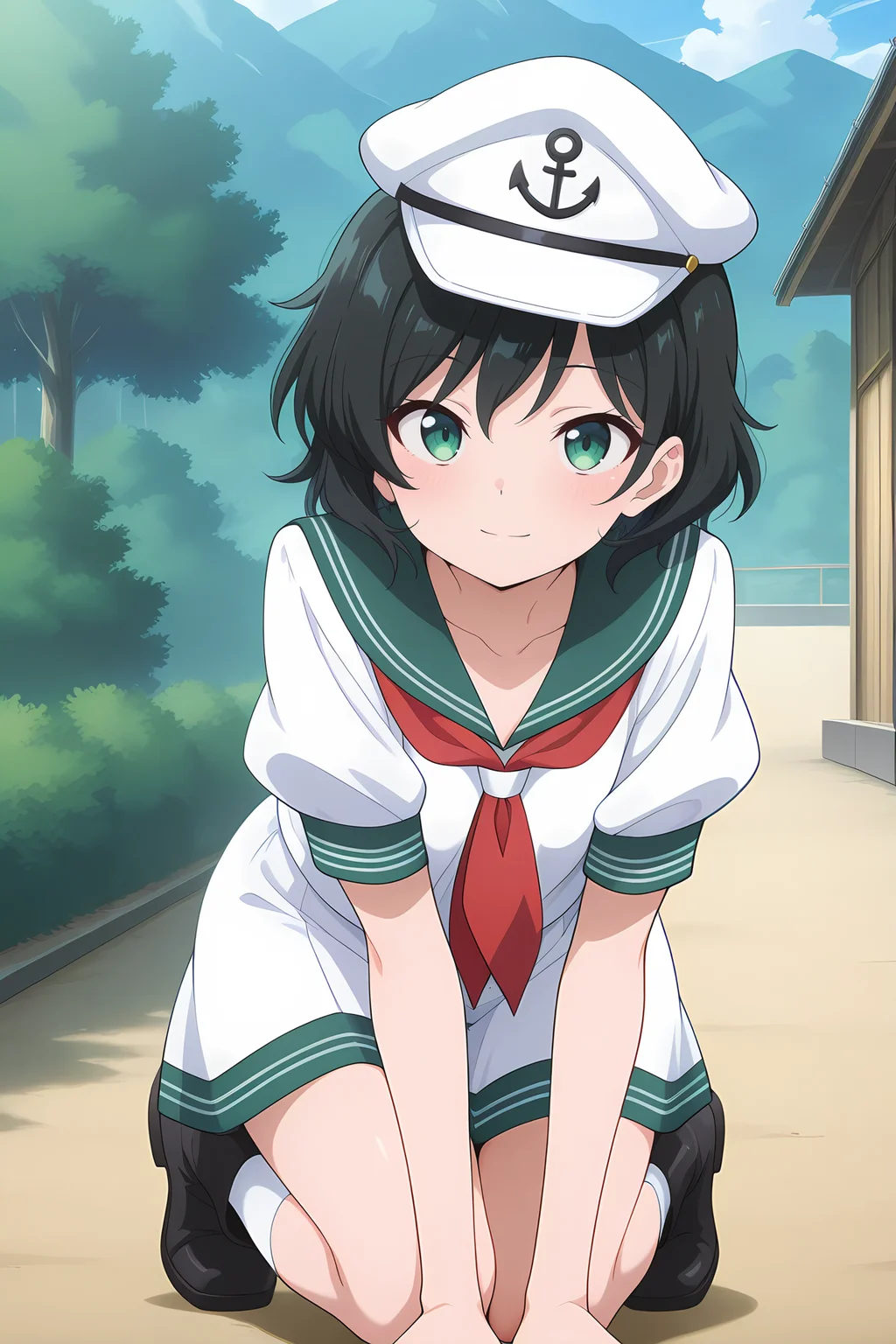 absurdres, highres, masterpiece, best quality, amazing quality, official anime artwork, screencap, anime screencap, outdoors, looking at viewer, light smile,
<lora:Minamitsu-Murasa_Illustrious:1> murasa minamitsu, 1girl, solo, green eyes, black hair, short hair,, white hat, sailor hat, white shirt, short sleeves, green sailor colar, red neckerchief, white skirt, white socks, black boots,
