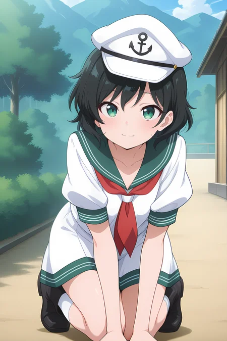 absurdres, highres, masterpiece, best quality, amazing quality, official anime artwork, screencap, anime screencap, outdoors, looking at viewer, light smile,  
 <lora:Minamitsu-Murasa_Illustrious:1> murasa minamitsu, 1girl, solo, green eyes, black hair, short hair,, white hat, sailor hat, white shirt, short sleeves, green sailor colar, red neckerchief, white skirt, white socks, black boots,