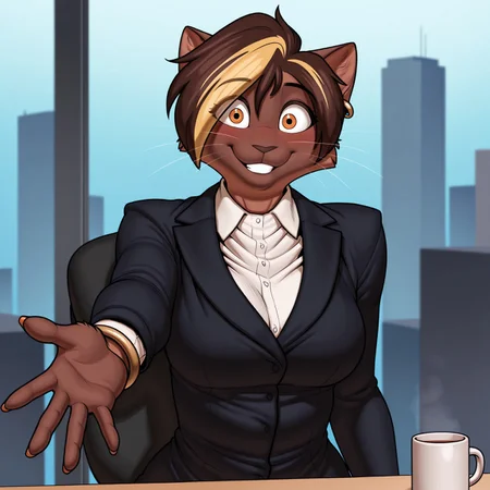 uncensored, masterpiece, best quality, highly detailed, realistic, 1girl, solo, VanessaMH, female furry, furry, anthro, feline, cat, brown hair, blonde hair streak, black eyebrows, short hair, orange eyes, black pupils, brown body, brown fur, brown nose, whiskers, gold earring, medium breasts, eyebrows visible through hair, eyes visible through hair, business suit, navy blue suit, white dress shirt, gold bracelet, smile, closed mouth, teeth, looking at viewer, wide eyes, sitting, table, mug, (offering hand, reaching out) window, front view, detailed background, upper body, hand on table, (5 fingers), orange nails, black office chair, blushing