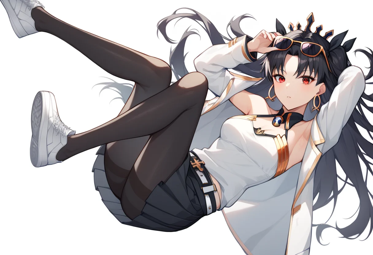 score_9,score_8_up,score_7_up,<lora:falling_pony:1>,best_falling, 1girl, ishtar (fate), solo, white background, simple background, looking at viewer, red eyes, eyewear on head, long hair, black hair, parted bangs, bangs, two side up, medium breasts, breasts, cleavage, armpits, pantyhose, jacket, skirt, shoes, sunglasses, black skirt, open clothes, black pantyhose, open jacket, white jacket, alternate costume, pleated skirt, belt, long sleeves, jewelry, hoop earrings, earrings, sneakers, tiara