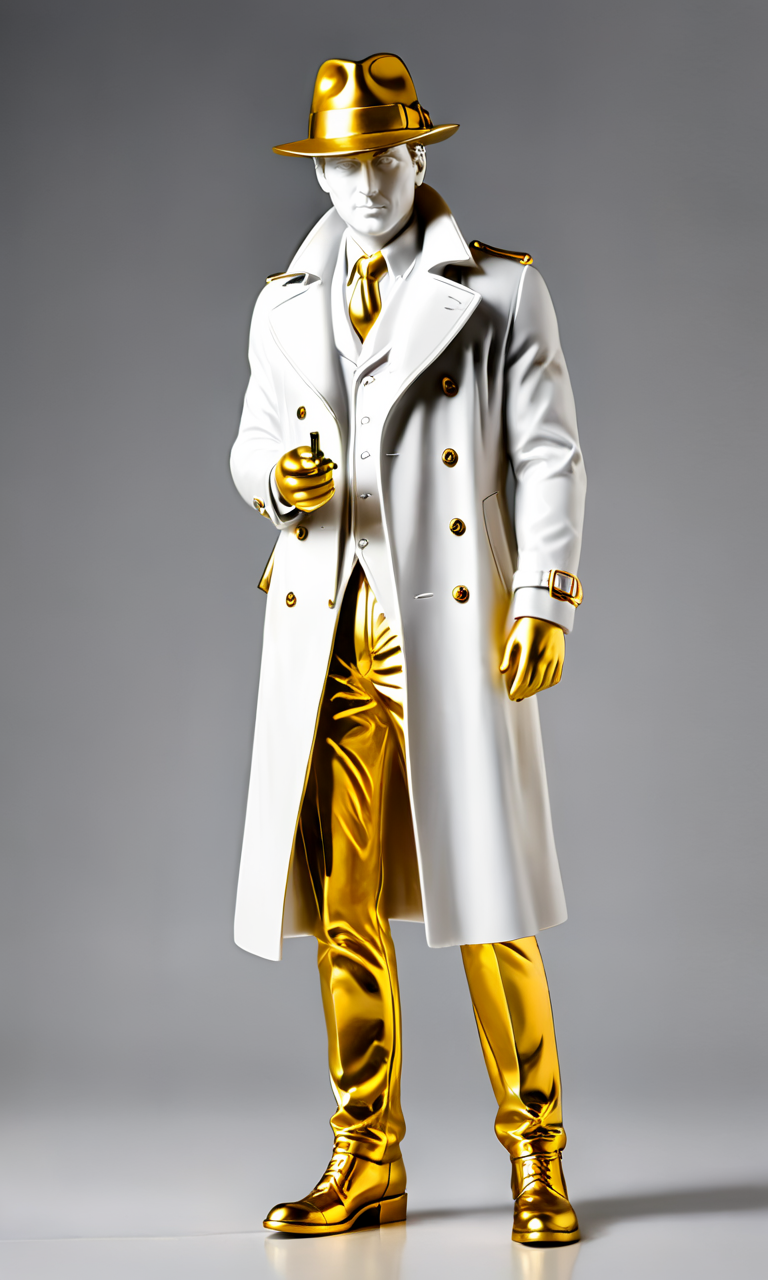 a statue of a detective, best quality, masterpiece,  <lora:cstatuesdxl:0.8>, cstatuesdxl, white and gold,4 legs, fedora, trench coat,