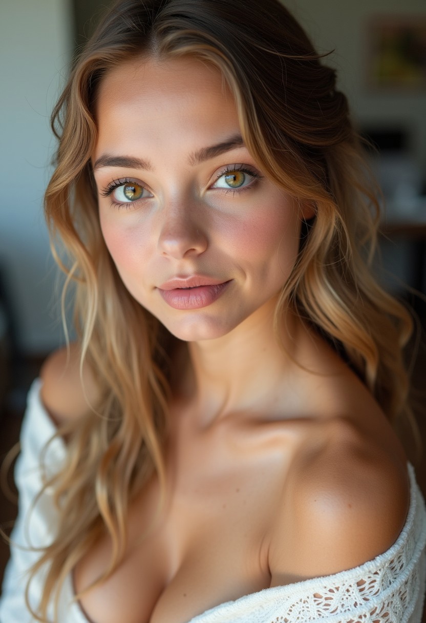 A stunning perfection style 18 year old girl with flawless model-like facial features, visible cleavage, flawless light pale skin, and unnaturally large and colorful eyes.