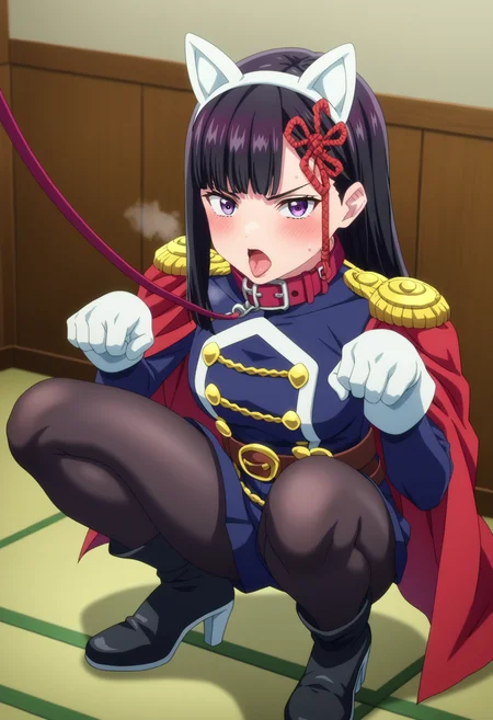score_9, score_8_up, score_7_up, source_anime,
BREAK
1girl, solo,
<lora:shiRenYamishiroAnimeV1:1>,
shirenyamashiro, anime screencap, anime coloring,
long hair, black hair, purple eyes, blunt bangs,
military uniform, long sleeves, white gloves, red cape, belt, epaulettes,
black pantyhose, high heel boots, squatting, blush, fake dog ears, leash, paw pose, collar, chain,
looking at viewer, steaming body, angry, open mouth, sweat, trembling, tongue out,