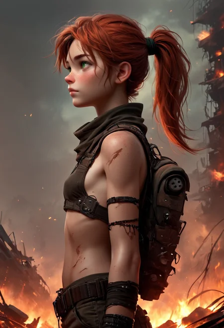 1woman, Masterpiece, 4k, ultra high detail, score_9, score_8_up, score_8, 21yo, small breast size, long red ponytail hair, fcNeg, stunning green eyes, freckles, white skin, small nose, innocent beauty, slim face, skinny body,
Native Tribal clothes, Waterworld_clothes,
Dark sky, burning sky, nighttime, night, burning skyscraper, asteroids in sky,
Sideview, Apocalyptic scene, burning skyscraper, burning city, destroyed cars,
End of the World,
negative_hand, NightScapes,