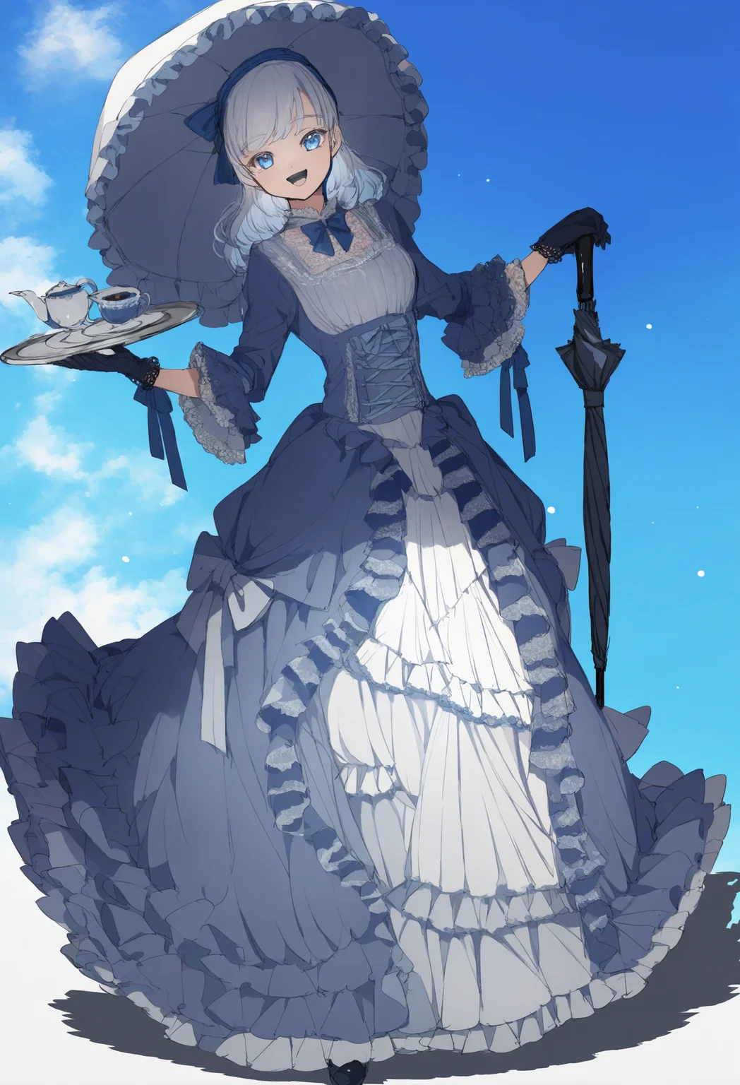 1girl, dress, holding, frills, umbrella, blue eyes, white dress, smile, solo, frilled dress, bonnet, white background, full body, blue theme, teacup, open mouth, white hair, looking at viewer, holding umbrella, long sleeves, cup, long dress, parasol, gloves, simple background, tray, standing, sky
,masterpiece,best quality,very aesthetic,absurdres,
<lora:åºæ°´fornoob:0.95>
