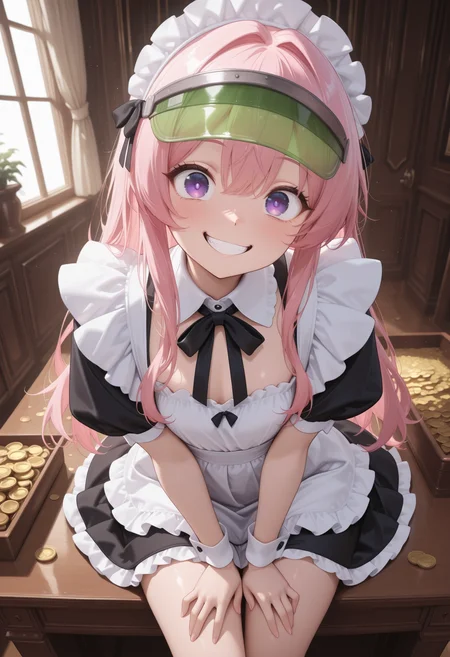 (masterwork, masterpiece, best quality, hyper-detailed, 8k uhd:1.4) 1girl,solo, CivChan, pink hair, purple eyes, maid uniform, wide eyes, staring at viewer, huge grin, sitting behind a big wooden desk, (banker, wearing a green banker visor:1.4), <lora:CivChan_Illustrious:0.9> quality: masterpiece, extremely aesthetic, highly detailed, dynamic composition, vibrant colors, vivid colors, saturated, piles of gold coins on desk