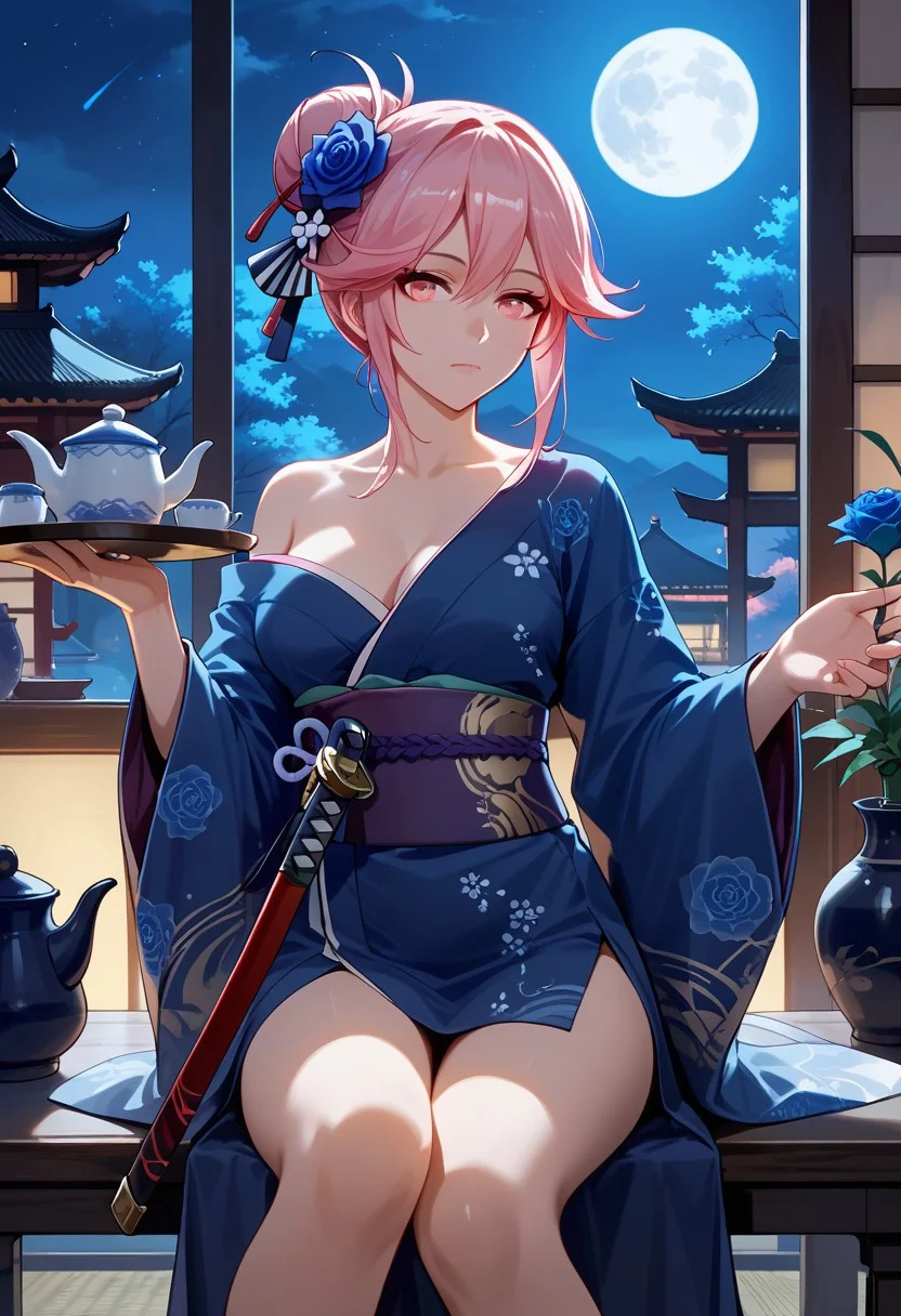score_9,score_8_up,score_7_up,source_anime,YAE_SAKURA,1girl,solo,breasts,looking at viewer,hair ornament,holding,closed mouth,bare shoulders,sitting,flower,weapon,sky,japanese clothes,indoors,sword,hair flower,pink eyes,kimono,off shoulder,hair bun,cup,window,night,rose,table,moon,single hair bun,katana,night sky,full moon,blue flower,tray,blue kimono,teapot,architecture,short kimono,east asian architecture,vase,
