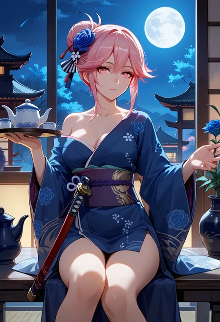 score_9,score_8_up,score_7_up,source_anime,YAE_SAKURA,1girl,solo,breasts,looking at viewer,hair ornament,holding,closed mouth,bare shoulders,sitting,flower,weapon,sky,japanese clothes,indoors,sword,hair flower,pink eyes,kimono,off shoulder,hair bun,cup,window,night,rose,table,moon,single hair bun,katana,night sky,full moon,blue flower,tray,blue kimono,teapot,architecture,short kimono,east asian architecture,vase,