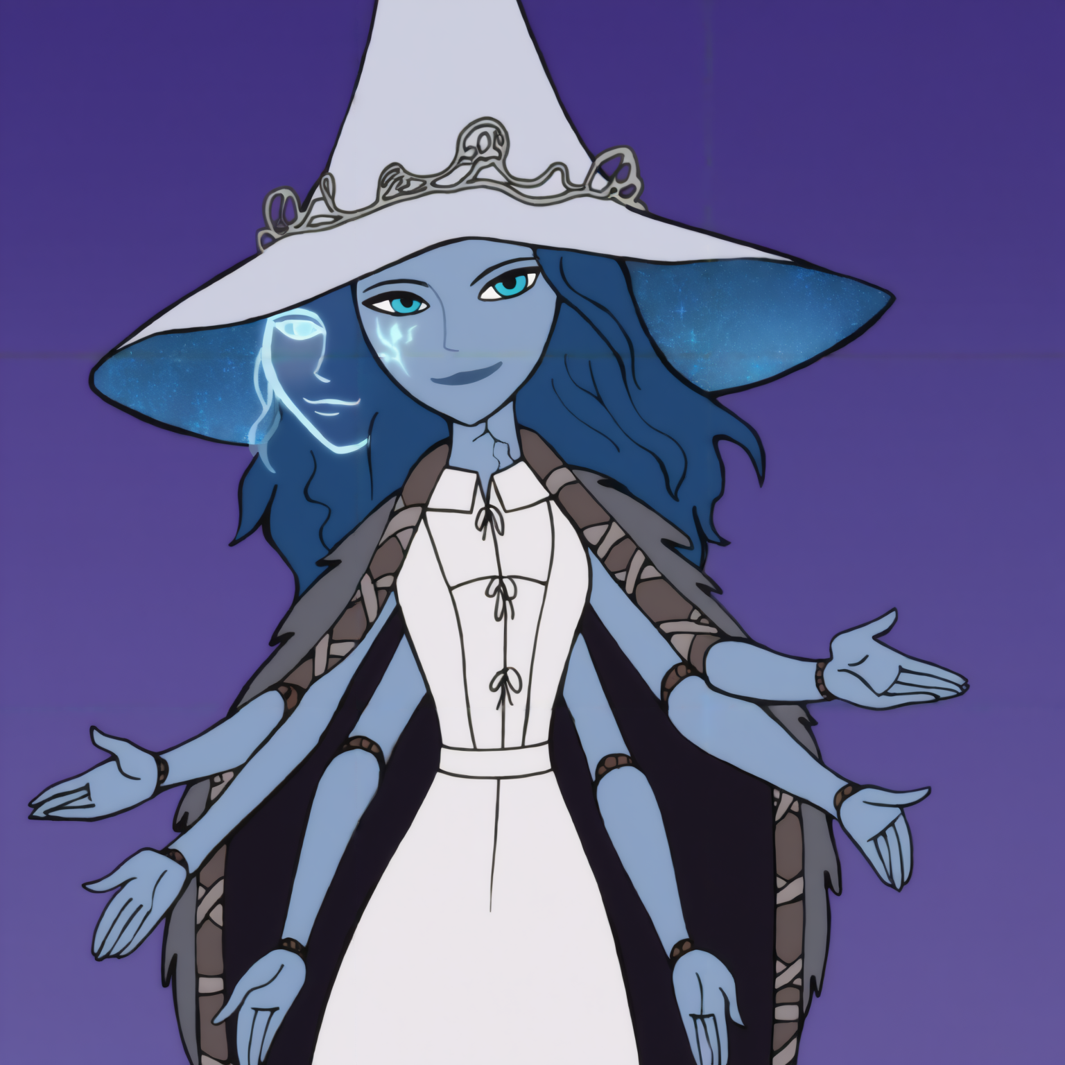 <lora:Kim_Possible_Style_6c_Illustrious_aon:1> kmstyle, masterpiece, best quality, outdoors, night, dark, looking at viewer, closed mouth, 1girl, solo, ranni the witch, blue skin, cracked skin, blue eyes, blue hair, long hair, fur cloak, witch hat, white headwear, large hat, white dress, extra faces, extra arms, witch, witch, doll joints, smile, incoming hug,