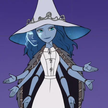 <lora:Kim_Possible_Style_6c_Illustrious_aon:1> kmstyle, masterpiece, best quality, outdoors, night, dark, looking at viewer, closed mouth, 1girl, solo, ranni the witch, blue skin, cracked skin, blue eyes, blue hair, long hair, fur cloak, witch hat, white headwear, large hat, white dress, extra faces, extra arms, witch, witch, doll joints, smile, incoming hug,