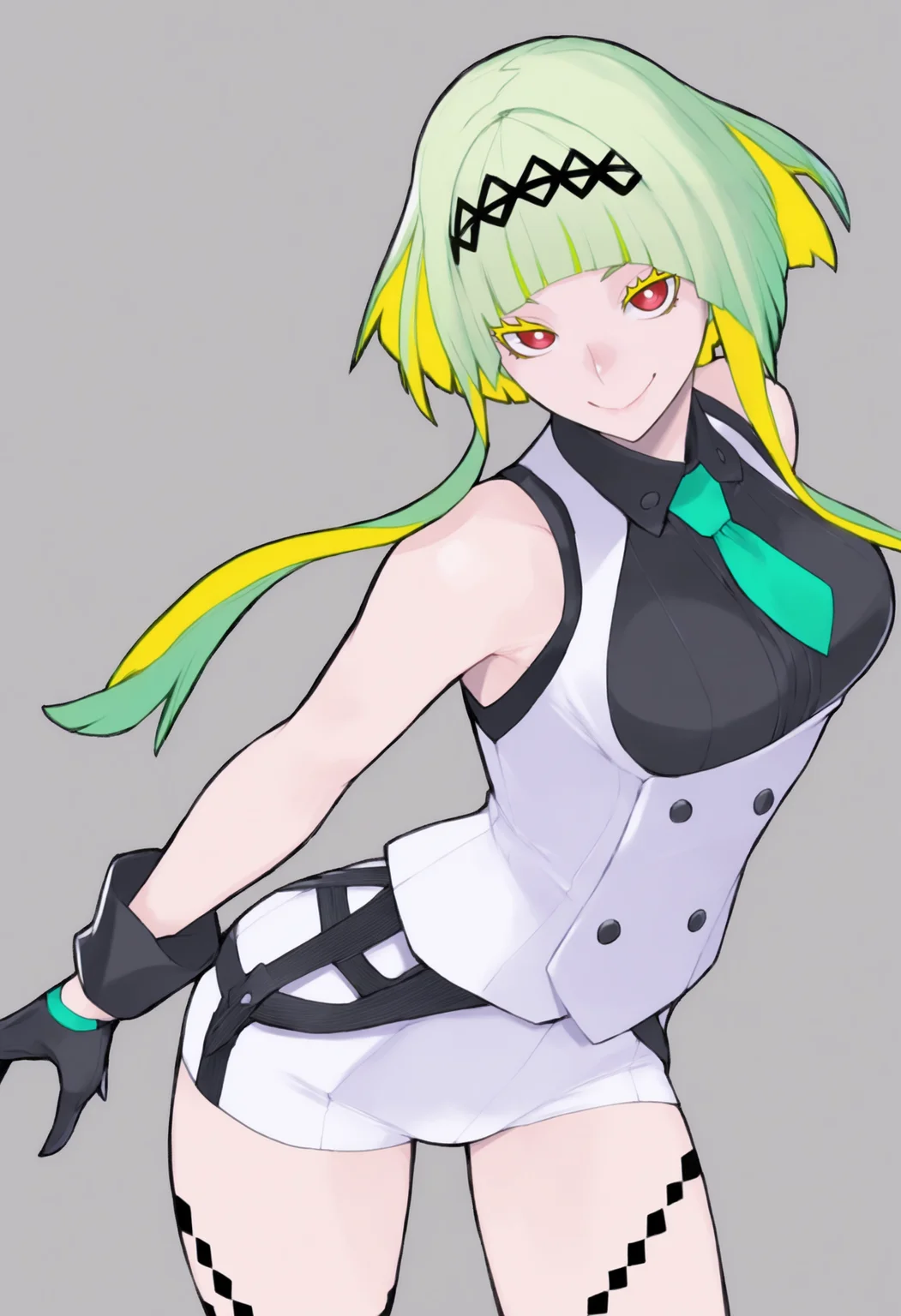 masterpiece, best quality, solo, 1girl, smile, looking at viewer, <lora:Ringo-illus_Fp:1>, ringosh2, short hair with long locks, red eyes, green hair, colored inner hair, colored eyelashes, hairband, collared shirt, white vest, white shorts, necktie, black shirt, body markings, gloves, sleeveless, <lora:Yasuda-Suzuhito-illus_Fp:1>, simple background,