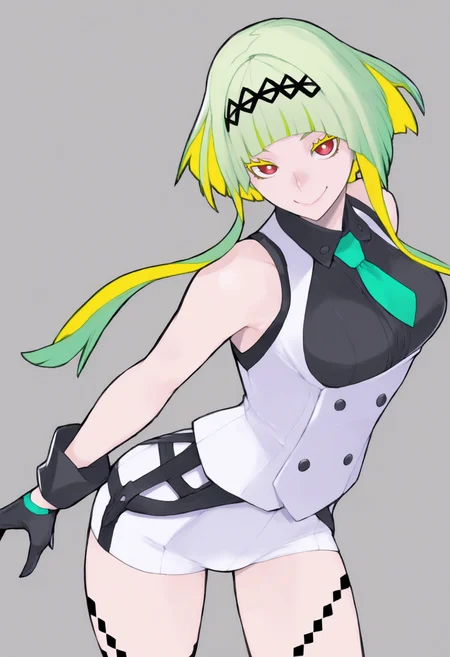 masterpiece, best quality, solo, 1girl, smile, looking at viewer, <lora:Ringo-illus_Fp:1>, ringosh2, short hair with long locks, red eyes, green hair, colored inner hair, colored eyelashes, hairband, collared shirt, white vest, white shorts, necktie, black shirt, body markings, gloves, sleeveless, <lora:Yasuda-Suzuhito-illus_Fp:1>, simple background,