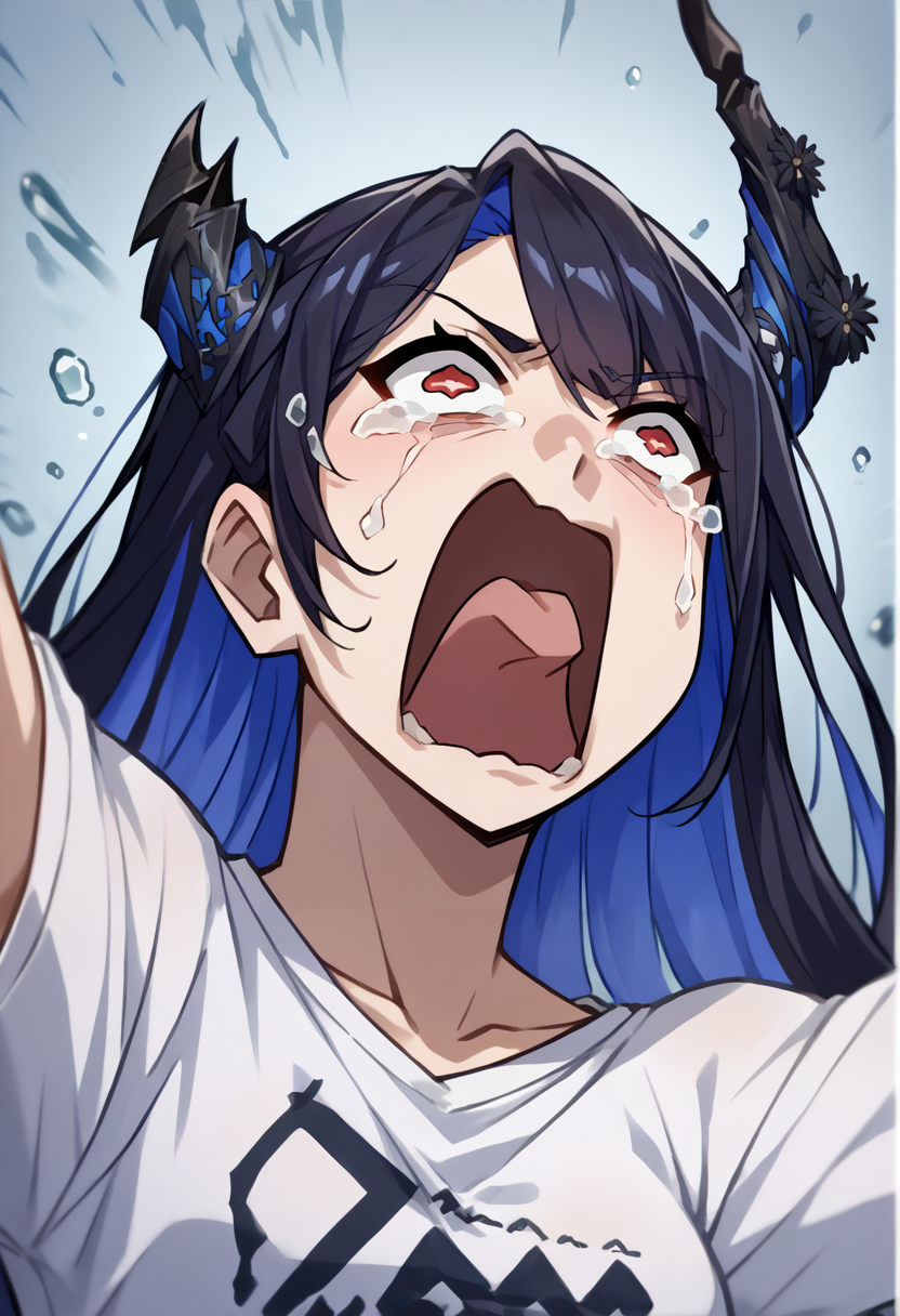 score_9, score_8_up, score_7_up, source_anime, 1girl, solo, NerissaRavencroft, colored inner hair, black hair, blue hair, red eyes, slit pupils, uneven horns, long hair, aquascreaming, screaming, open mouth, crying with eyes open, t-shirt, <lora:ChamNerissaRavencroftPonyXLCame-000008:1>, <lora:concept_aquascreaming_ponyXL:1>