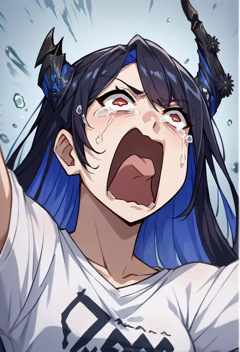score_9, score_8_up, score_7_up, source_anime, 1girl, solo, NerissaRavencroft, colored inner hair, black hair, blue hair, red eyes, slit pupils, uneven horns, long hair, aquascreaming, screaming, open mouth, crying with eyes open, t-shirt, <lora:ChamNerissaRavencroftPonyXLCame-000008:1>, <lora:concept_aquascreaming_ponyXL:1>