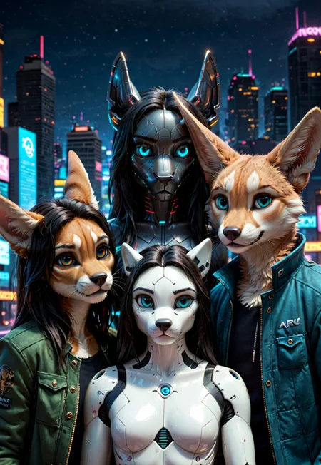 score_9, score_8_up, score_7_up, score_6_up, photorealistic, epiCPhotoGasm-colorfulPhoto, Realistic, highres, super high resolution, 8k, photo, furry, Furry, anthro, fur, male, fennec, brown fur, implanted eyes, robot face, robot face, he has gold plate on the head, implanted forehead, blue glowing eyes, metal head, gold forehead, metal eyes, sad, long black hair gathered in a long ponytail, black hair, metallic head, metal face, he has implanted face, close-up, long dark green thick coat, green coat, black leather shirt, black tight pants, long black hair, implants, implant eye, robot, furry, cyberpunk, night, cyber city, cyberpunk city, metallic eyes, metallic fur, robot, thin body, night, city, cyberpunk city, cyberpunk, realistic, detailed, detailed fur,