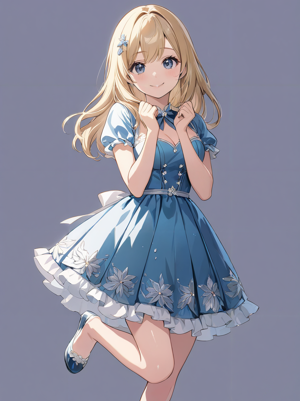 masterpiece,ultra-detailed,best quality,8K,illustration,cute face,clean skin ,shiny hair,girl,middle breasts,ultra-detailed-eyes,simple background, <lora:add-detail-xl:1>  <lora:burikko pose_XL_V1.0:1> burikko pose, hands up,smile,standing,dress,Standing on one leg