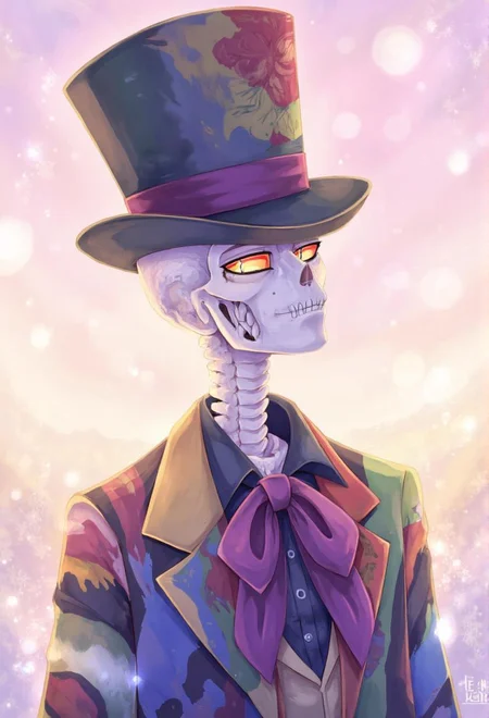 <lora:ck-LttleGhost-000011.safetensors:1> in the style of ck-lttlegh0stA skeletal figure wears a vibrant top hat, multicolored coat, and purple neckerchief against a soft, pastel-hued background with sparkling lights. Its glowing orange eyes seem to pierce through the dreamy atmosphere, while the artist's signature "shinkay" is discreetly placed in the corner.