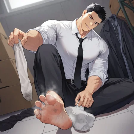 solo, 1boy, muscular male, short hair, black hair, short hair, black eyes, song taewon, smirk, looking at viewer, head tilt, BREAK, bara, large pectorals, unworn suit jacket on floor, white shirt, rolled up sleeves, collared shirt, belt, black necktie, undressing legwear, one sock on, holding sock, dirty sock, smelly socks, unworn sock focus, reaching to viewer, outstrectched arm, sitting, indoors, storage room, BREAK, , dynamic, cinematic, dutch angle, very awa, masterpiece, best quality, absurdres, newest, perfect quality, detailed background, intricate details, artist: f-una, (artist: mondi: 0.5), artist: kuromine_hiraya