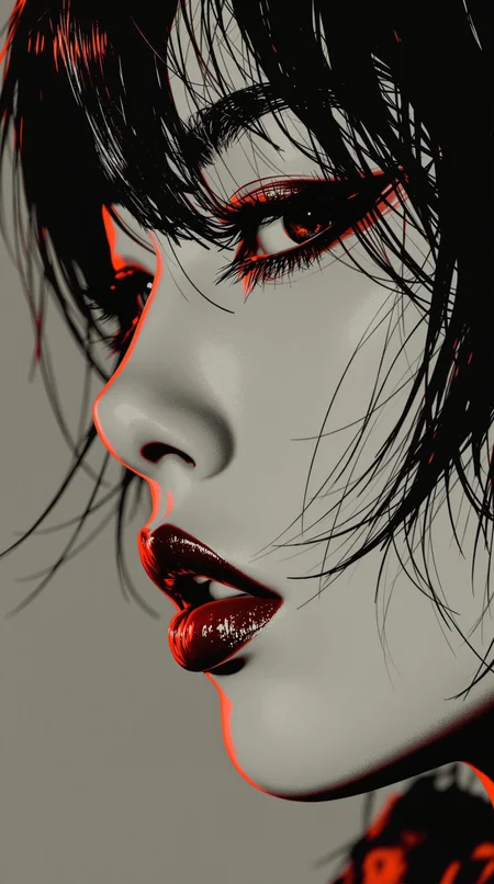 Rendered in striking pop-art style with bold halftone textures and a limited colour palette of black and red, this extreme close-up side portrait captures a young Japanese woman with a tousled, shaggy bob and averted, smoky-eyed gaze. Her expression exudes sensual detachment—lips slightly parted, skin glowing in hyperreal contrast. Bold red and black shadows contour her face in classic pop-art palette, echoing Lichtenstein and cyberpunk poster aesthetics.
