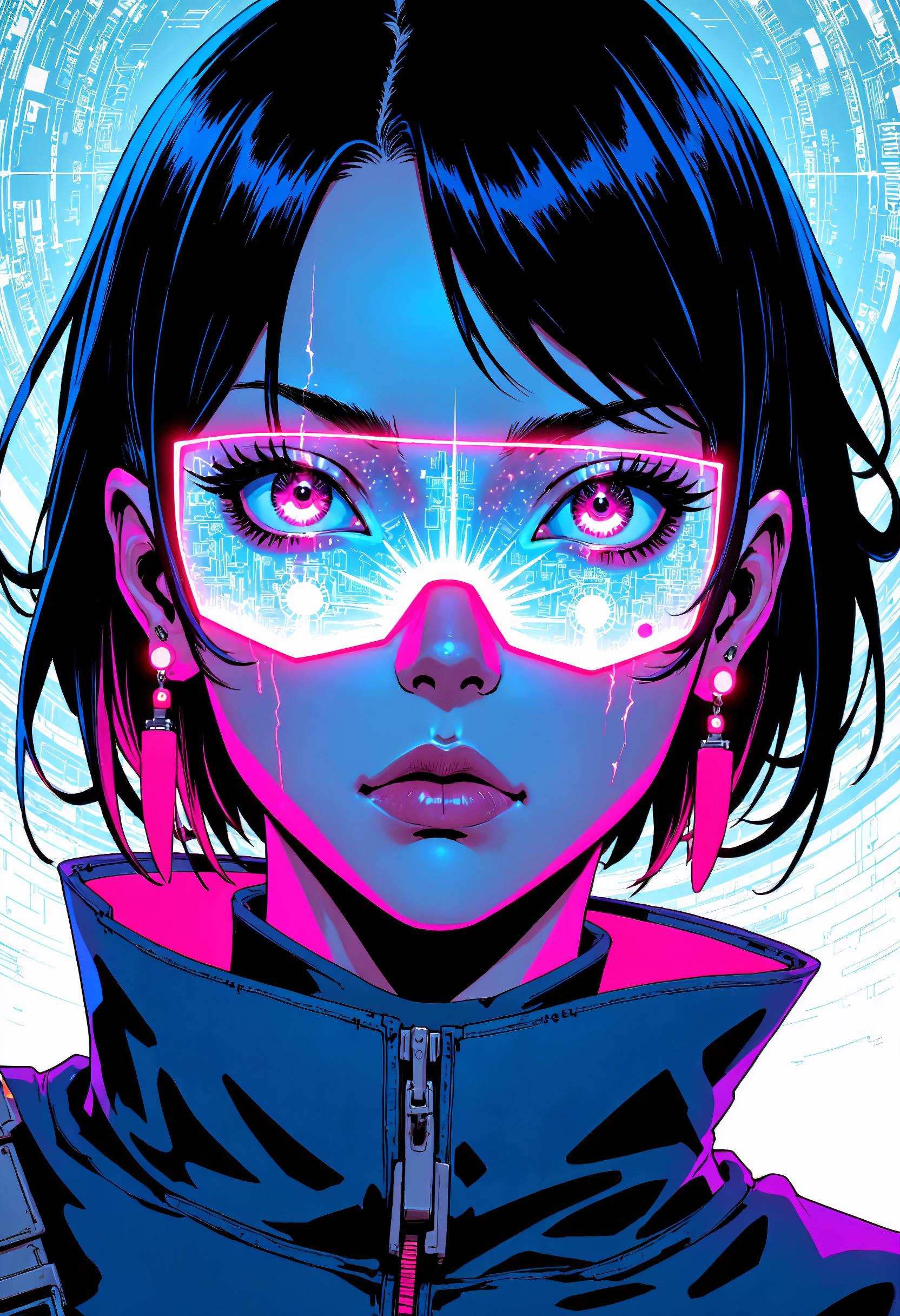 lineart, masterpiece, high-quality, A cyberpunk hacker with glowing pink streaks in her short black hair, Her intense gaze pierces through the holographic interface reflected in her eyes, while a larger translucent projection of herself coding frantically appears behind, neon accents, digital background (elaborate fine details:1.1), (hyperdetailed:1.1), (intricate details:1.0), (Refined details:1.1), (best quality:1.1), (high resolution:1.2),