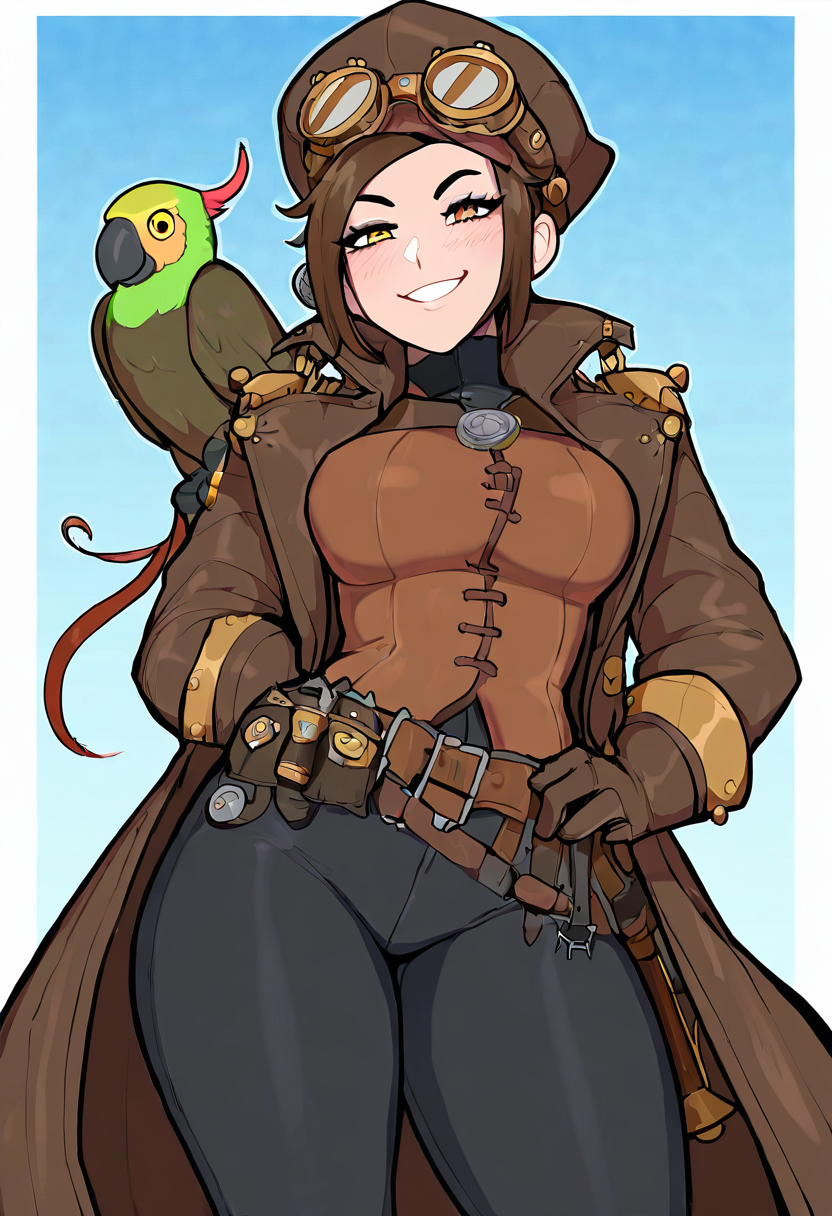 masterpiece, best quality, medium breasts, (curvy),  ,,, steampunk pirate captain, brass goggles, weathered leather coat, mechanical parrot, airship in the background, intricate steampunk accessories, rugged and confident pose, 1girl, solo,  smile, looking at viewer, cowboy shot,     <lora:AfrobullNAI:0.8>,