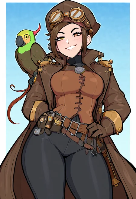 masterpiece, best quality, medium breasts, (curvy),  ,,, steampunk pirate captain, brass goggles, weathered leather coat, mechanical parrot, airship in the background, intricate steampunk accessories, rugged and confident pose, 1girl, solo,  smile, looking at viewer, cowboy shot,     <lora:AfrobullNAI:0.8>,