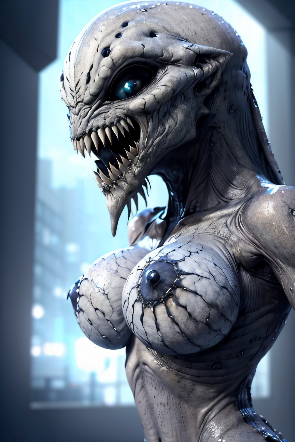 (Realisitc:1.5) Grey and blue woman monster, breasts, <lora:EdobMonsterFemale2_v1.0:0.8>