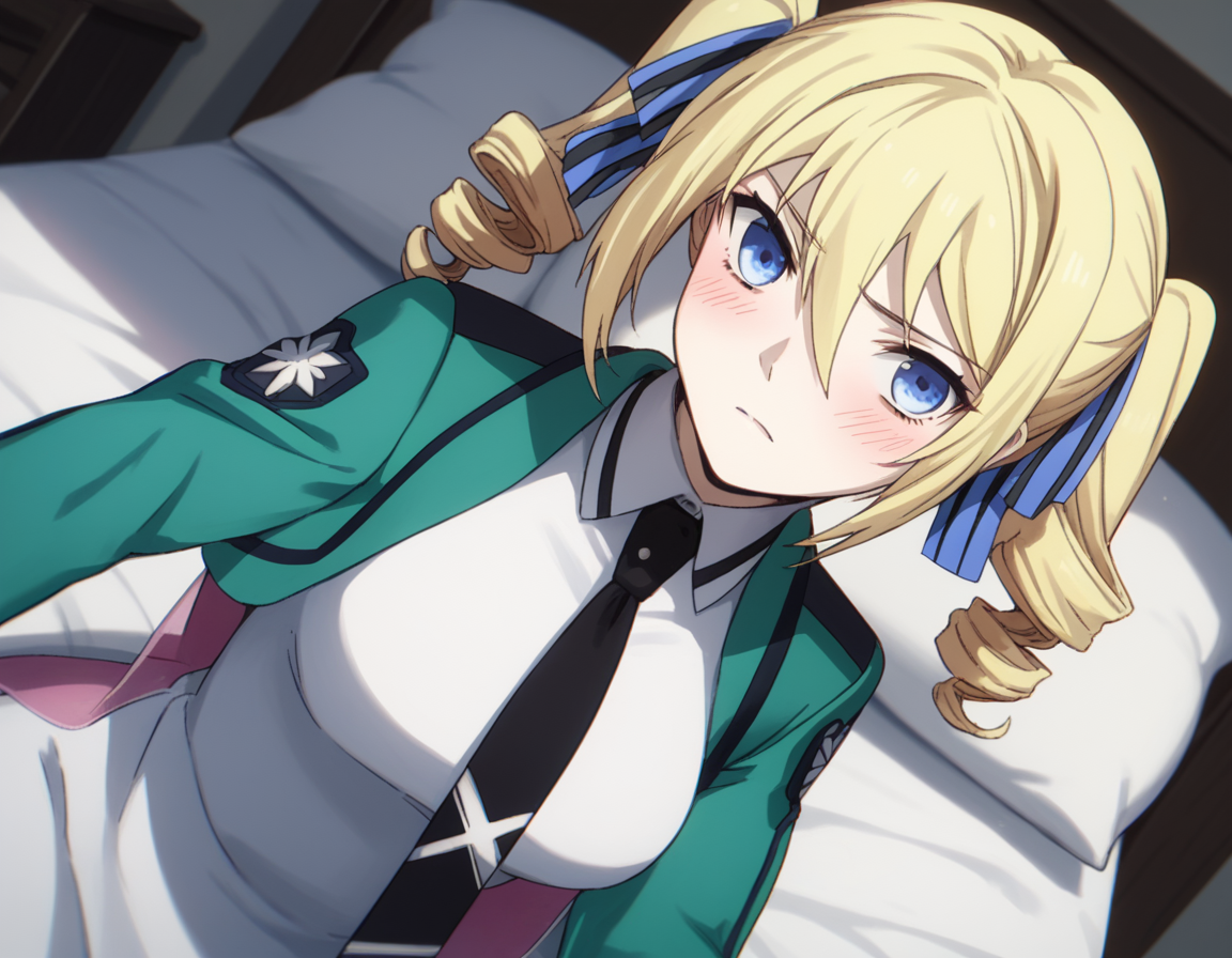 score_9, score_8_up, score_7_up, source_anime,
angelinakudoushields, <lora:angelina-kudou-shields-s2-ponyxl-lora-nochekaiser:1>,
angelina kudou shields, blue eyes, blonde hair, ribbon, hair between eyes, twintails, hair ribbon, drill hair, blue ribbon, twin drills,
long sleeves, dress, school uniform, pantyhose, necktie, white dress, black necktie,
indoors, bed, bed room, on side, blush, drunk,
solo, dutch angle, looking at viewer, cowboy shot,
