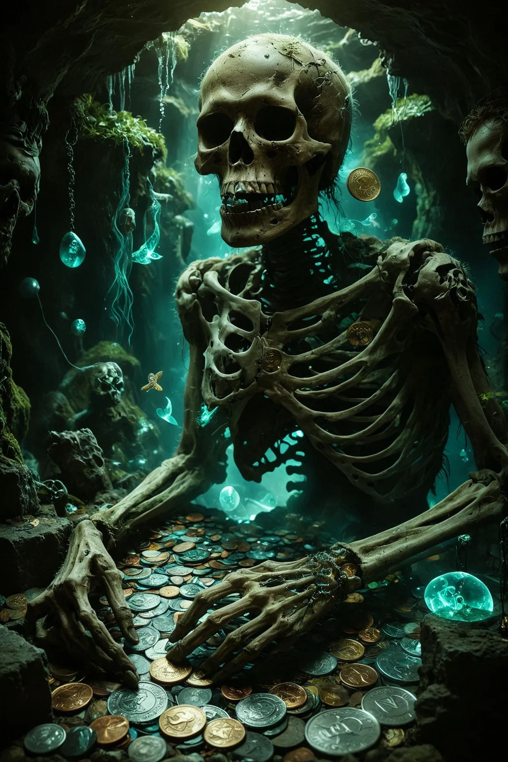 Hidden Pirate Treasure Cave in Caribbean with Skeleton keys and scattered coins (merging:1.2) into a mtg card , Exquisite detail, diffuse-back-lighting, award-winning photograph, small-catchlight, High-sharpness, 8k dark chiaroscuro Light Painting, white mtg card, white green
<lora:DoubleExposure-000002:1> double exposure,
<lora:MTG-CardsXL:1> mtg
<lora:aidma-Image Upgrader-v0.1:0.29>
