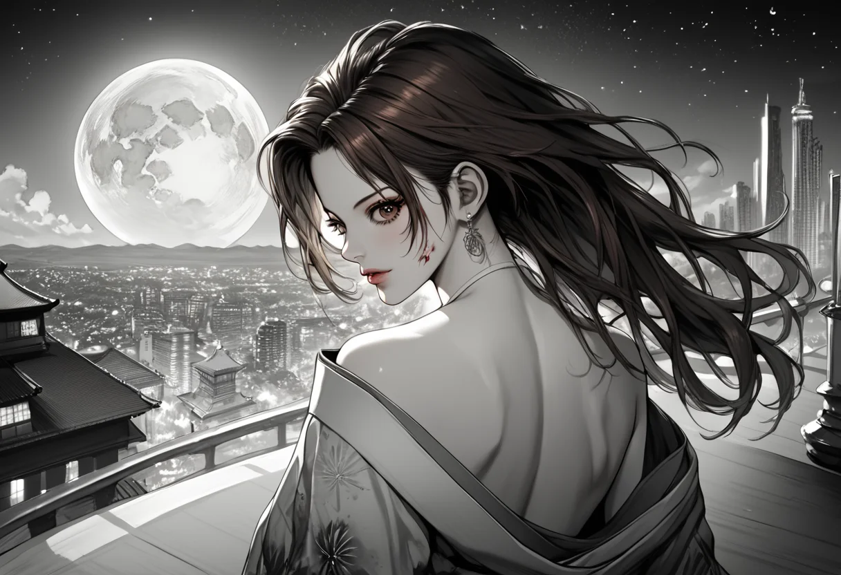 score_9, score_8_up, score_7_up, score_6_up, score_5_up, score_4_up, <lora:Boichi_style_pony:1>, boichi style, monochrome, greyscale, 1girl, upper body, solo, brown hair, long hair, looking back, blood, breasts, back, brown eyes, kimono, katana, from behind, outdoors, night, cityscape, horizon, city, building, skyscraper, moon, star (sky), sky, masterpiece, looking at the viewer, masterpiece, highres, highly detailed face, highly detailed shining eyes, symmetrical highly detailed eyes, entire body, beach, sand, sea