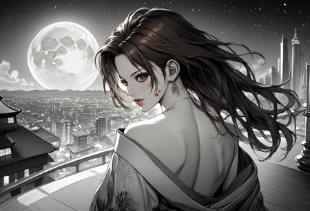 score_9, score_8_up, score_7_up, score_6_up, score_5_up, score_4_up, <lora:Boichi_style_pony:1>, boichi style, monochrome, greyscale, 1girl, upper body, solo, brown hair, long hair, looking back, blood, breasts, back, brown eyes, kimono, katana, from behind, outdoors, night, cityscape, horizon, city, building, skyscraper, moon, star (sky), sky, masterpiece, looking at the viewer, masterpiece, highres, highly detailed face, highly detailed shining eyes, symmetrical highly detailed eyes, entire body, beach, sand, sea