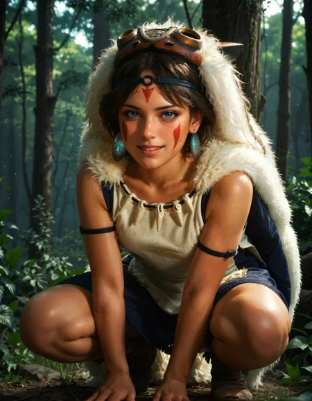 score_9, score_8_up, score_7_up, score_6_up, score_5_up, score_4_up,  san, 1girl, full body, squatting, solo, short hair, brown hair, gray eyes, headband, face paint, earrings, white sleeveless top, navy under dress, arm cuffs, fur headdress, fur cape, light-skinned female, female focus, looking at viewer, smiling, forest, (blush:1.1)