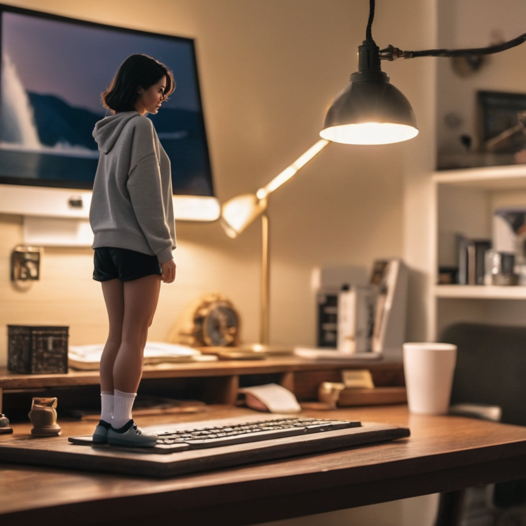 (best quality), (masterpiece), ultra-detailed, illustration, a scene involving one tiny (miniature:1.6) woman, looking at viewer, 30 year old, (huge loose oversized sweatshirt and loose shorts),  wearing socks, miniature woman (standing on desk next to keyboard, lamp), living room, couch, sofa, lamp, curtains, wood floors, coffee table, side table, windows, apartment, dynamic light, combed back black hair, 8k uhd, dslr, soft lighting, high quality, film grain, Fujifilm XT3, sharp focus, F/8.0,  <lora:shrunken:1>