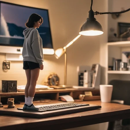 (best quality), (masterpiece), ultra-detailed, illustration, a scene involving one tiny (miniature:1.6) woman, looking at viewer, 30 year old, (huge loose oversized sweatshirt and loose shorts), wearing socks, miniature woman (standing on desk next to keyboard, lamp), living room, couch, sofa, lamp, curtains, wood floors, coffee table, side table, windows, apartment, dynamic light, combed back black hair, 8k uhd, dslr, soft lighting, high quality, film grain, Fujifilm XT3, sharp focus, F/8.0, <lora:shrunken:1>