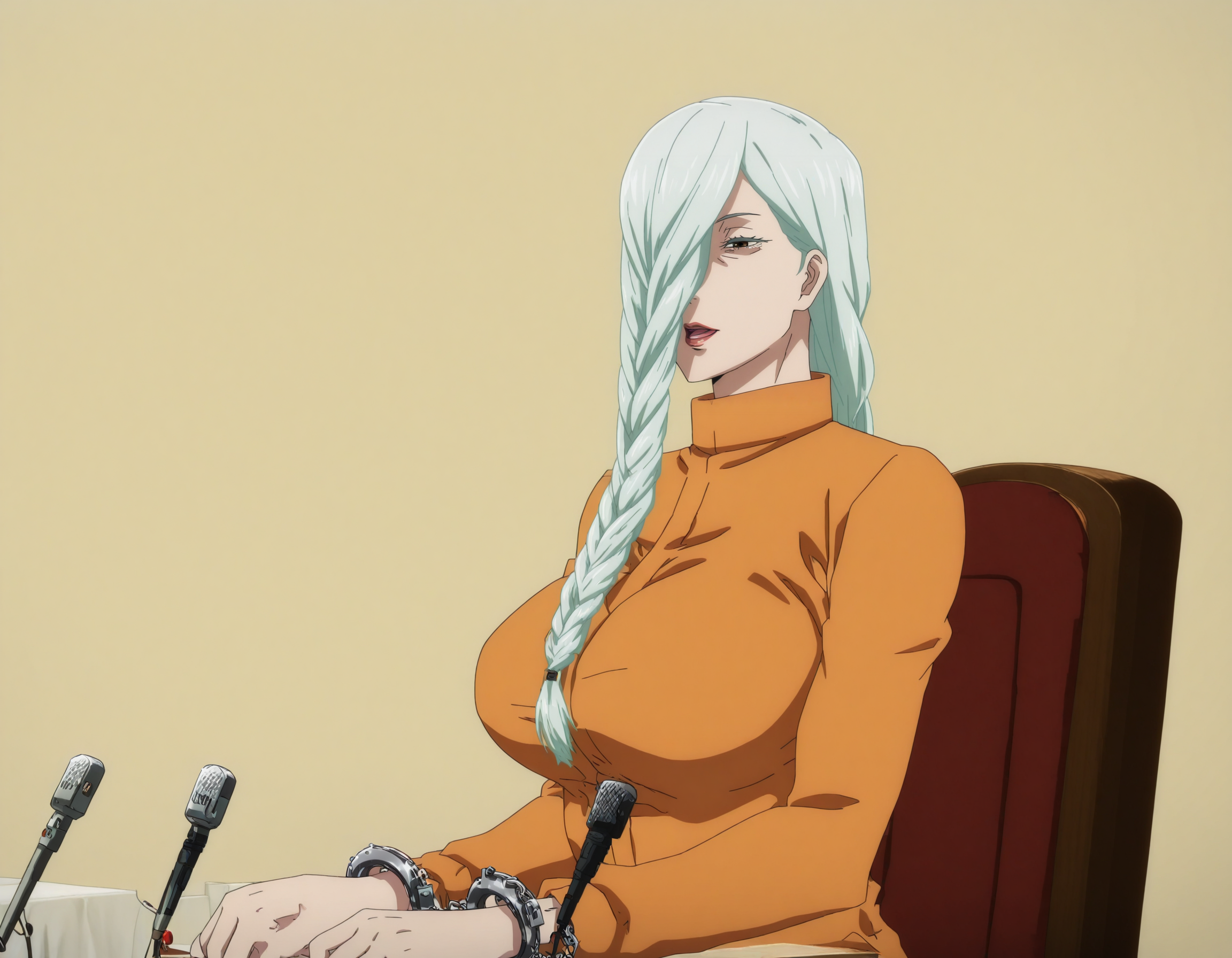 side view, upper body, <lora:anime_screencap-Illustrious:0.65> anime screencap, anime coloring, very aesthetic, absurdres, zPDXL, <lora:Pony_DetailV2.0:0.5> <lora:illustrious_quality_modifiers_masterpieces_v1:1>
<lora:MeiMeiJJK_15redo:1> m31m31, 1girl, brown eye, mature female, hair over one eye, braided bangs, twin braids, long hair, female focus, defined lips, open mouth, speaking into microphone, 
prisoner, orange jumpsuit, handcuffs, hands up, 
<lora:pressconference_Illust_v1:1> press conference, (microphone), microphone stand, table,
