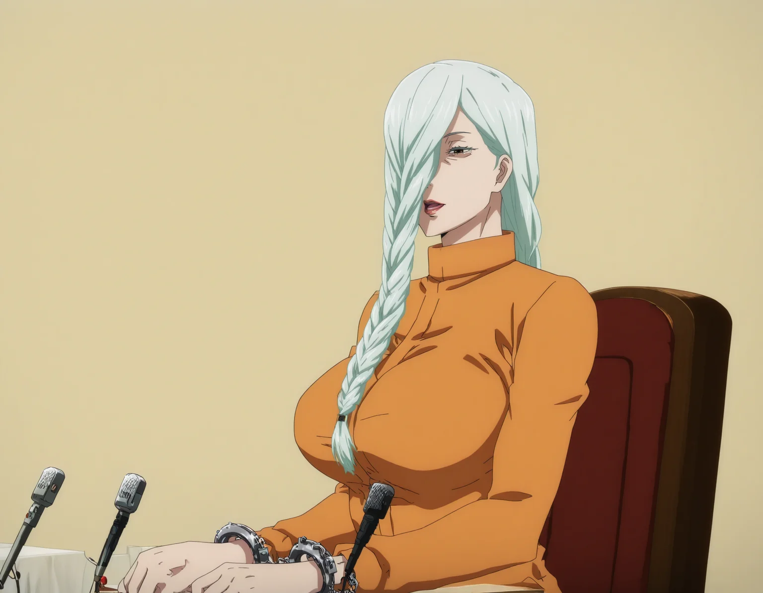 side view, upper body, <lora:anime_screencap-Illustrious:0.65> anime screencap, anime coloring, very aesthetic, absurdres, zPDXL, <lora:Pony_DetailV2.0:0.5> <lora:illustrious_quality_modifiers_masterpieces_v1:1>
<lora:MeiMeiJJK_15redo:1> m31m31, 1girl, brown eye, mature female, hair over one eye, braided bangs, twin braids, long hair, female focus, defined lips, open mouth, speaking into microphone,
prisoner, orange jumpsuit, handcuffs, hands up,
<lora:pressconference_Illust_v1:1> press conference, (microphone), microphone stand, table,