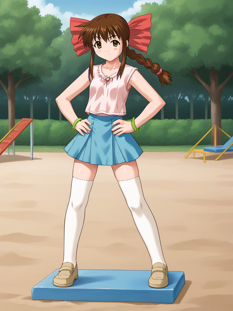 1girl, solo, tamaovgrebirth, brown hair, braided ponytail, pink bow, hair bow, brown eyes, shirt, sleeveless, green bracelet, blue skirt, white thighhighs, beige shoes, outdoors, playground, serious smile, standing, hands on hips, full body,
