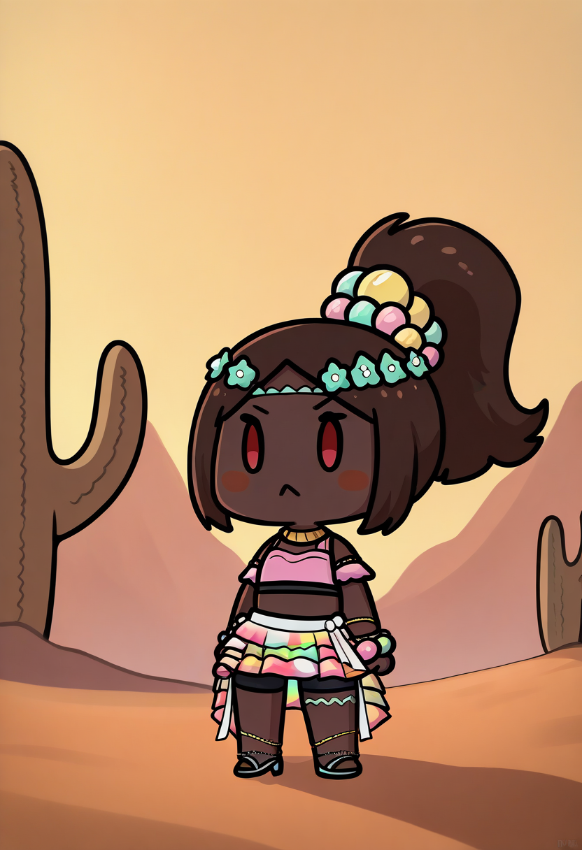 masterpiece, best quality, newest, absurdres, highres, 1girl, phdpigeon, chibi, meme, standing, full body, solid oval eyes, :<, <lora:TimerraFE-illu:1> dfTmra, brown hair, ponytail, pearl hair ornament, parted bangs, green circlet, head wreath, red eyes, star-shaped pupils, very dark skin, neck ring, pink crop top, frills, arm garter, bead bracelet, bangle, white ribbon, midriff, multicolored skirt, layered skirt, bike shorts, green thigh strap, bead anklet, high heels, sandals, desert, cactus, day