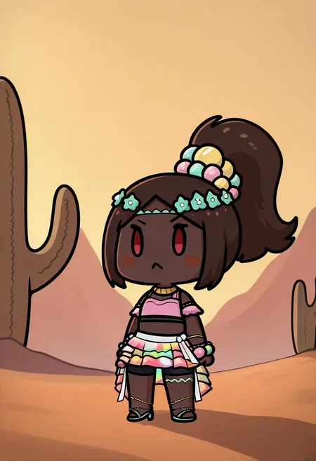 masterpiece, best quality, newest, absurdres, highres, 1girl, phdpigeon, chibi, meme, standing, full body, solid oval eyes, :<, <lora:TimerraFE-illu:1> dfTmra, brown hair, ponytail, pearl hair ornament, parted bangs, green circlet, head wreath, red eyes, star-shaped pupils, very dark skin, neck ring, pink crop top, frills, arm garter, bead bracelet, bangle, white ribbon, midriff, multicolored skirt, layered skirt, bike shorts, green thigh strap, bead anklet, high heels, sandals, desert, cactus, day