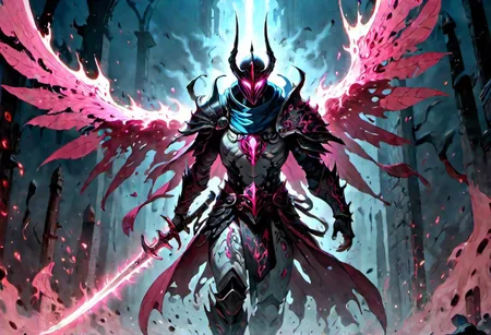 full body warrior of light in white and dark pink  armor clad in shadow dark mist has pink glow eyes with a thing blue mist running from the side of his eyes upwards masked face wielding a stylized katana of light angrey look blood stained cape right shoulder on black fire cloth mask revealing angrey eyes, with huge blue and black angle wings,
standing infront massive gates.