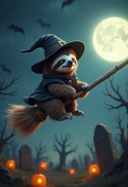 aidmaimageupgrader, a high quality digital image of a sloth sitting on a broomstick flying over a graveyard, the sloth is sleeping and wearing a witch outfit
