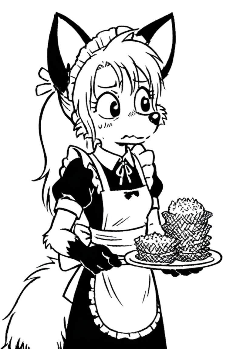 maid uniform, apron, holding plate with food, looking away,embarrassed, 
1girl, (solo), dwarf, fox, black eyes, spiked tuft, hair tuft, ponytail, big hair, pointy nose, black nose, black paws, black and white, white background,
<lora:Millie_from_Ozy_and_Millie_90_style:0.9>