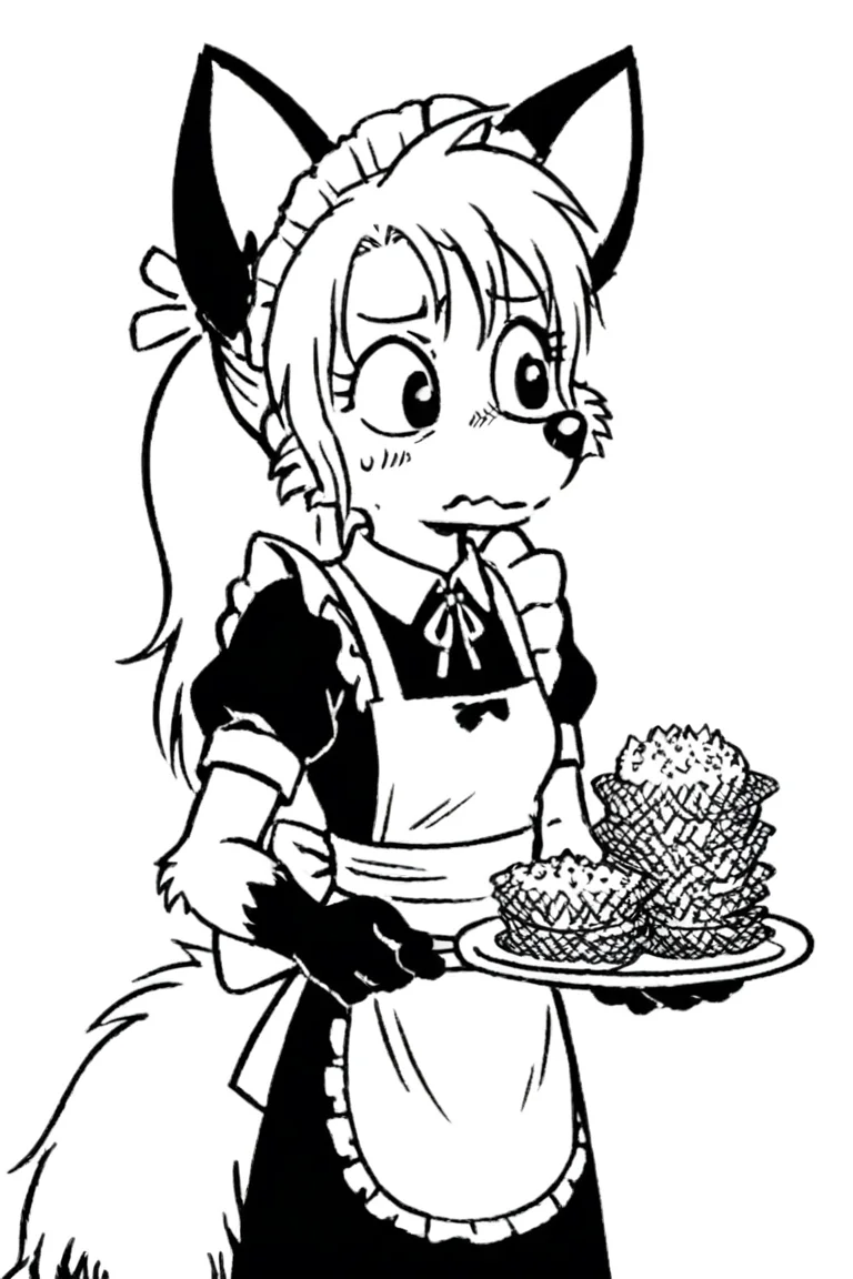 maid uniform, apron, holding plate with food, looking away,embarrassed,
1girl, (solo), dwarf, fox, black eyes, spiked tuft, hair tuft, ponytail, big hair, pointy nose, black nose, black paws, black and white, white background,
<lora:Millie_from_Ozy_and_Millie_90_style:0.9>