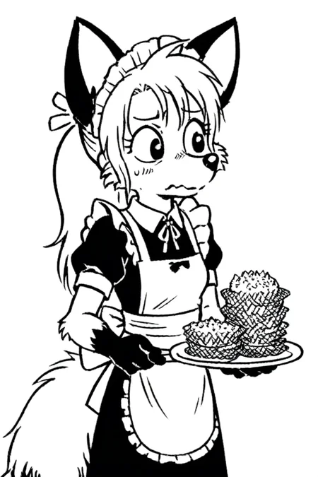 maid uniform, apron, holding plate with food, looking away,embarrassed,
1girl, (solo), dwarf, fox, black eyes, spiked tuft, hair tuft, ponytail, big hair, pointy nose, black nose, black paws, black and white, white background,
<lora:Millie_from_Ozy_and_Millie_90_style:0.9>