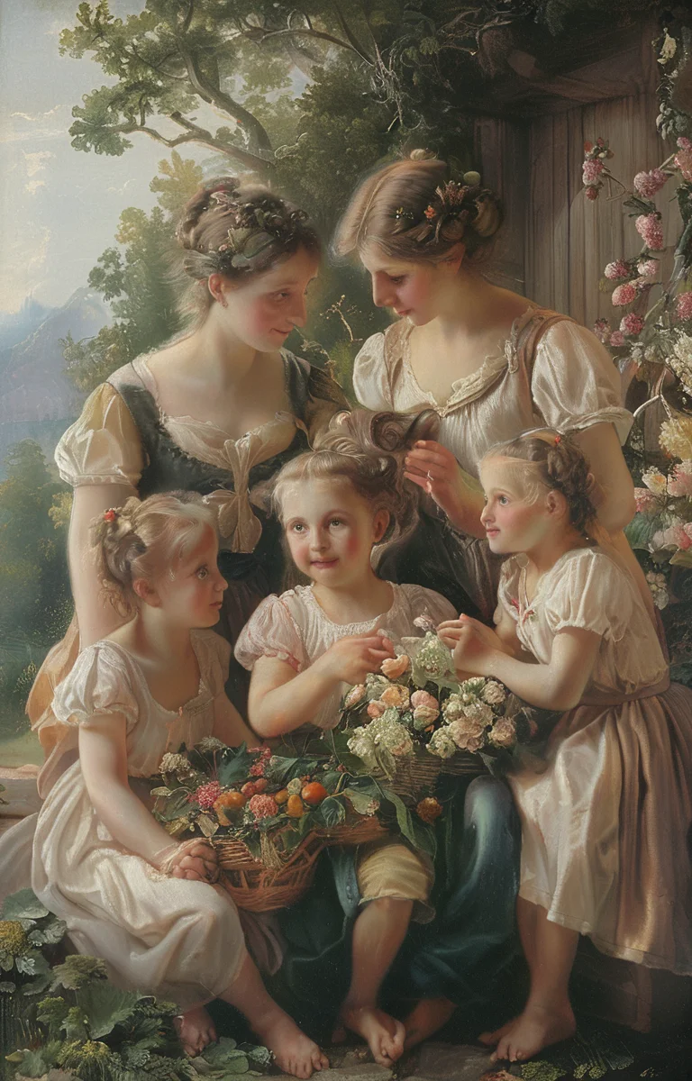 masterpiece,best quality,<lora:tbh240-sdxl:0.9>,illustration,style of Fritz Zuber-Buhler, portrait of family