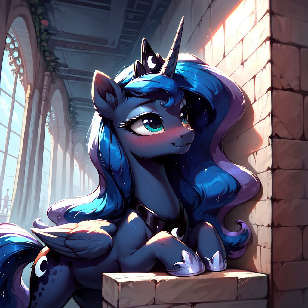 masterpiece, score_9, score_8_up, score_7_up, (best quality:1.1), ultra-detailed, high resolution, 1 girl, solo, pony, alicorn, highly detailed macro illustration, Princess Luna smiling, blushing, Princess Luna, feral, female, mare, cute, long eyelashes, (indoors), (((beautiful detailed eyes))), Long eyelashes, fluffy, ear fluff, long eyelashes, (cornering), taking cover, spying, marble wall, Highly Visible, (((8k))), sharp focus, perfect lighting, anatomically correct, extremely detailed, shine on body, (Canterlot Interior), high detail, cute face, Expressiveh, detailed background, OverallDetail, zPDXL2, <lora:Corneringv1:0.8>