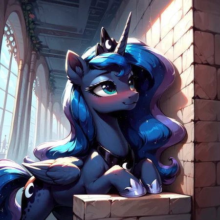 masterpiece, score_9, score_8_up, score_7_up, (best quality:1.1), ultra-detailed, high resolution, 1 girl, solo, pony, alicorn, highly detailed macro illustration, Princess Luna smiling, blushing, Princess Luna, feral, female, mare, cute, long eyelashes, (indoors), (((beautiful detailed eyes))), Long eyelashes, fluffy, ear fluff, long eyelashes, (cornering), taking cover, spying, marble wall, Highly Visible, (((8k))), sharp focus, perfect lighting, anatomically correct, extremely detailed, shine on body, (Canterlot Interior), high detail, cute face, Expressiveh, detailed background, OverallDetail, zPDXL2, <lora:Corneringv1:0.8>