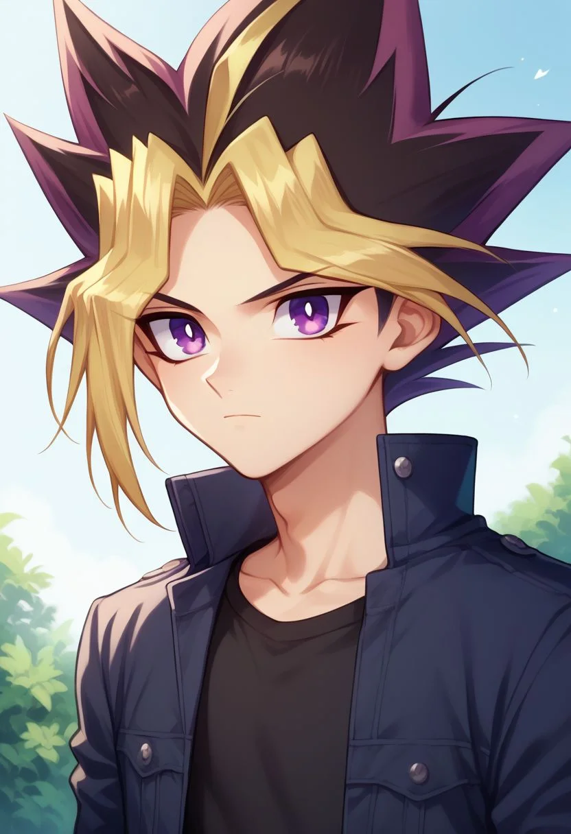 score_9, score_8_up, source_anime, highly detailed, 
yami, 1boy, male focus, blonde hair, solo, purple eyes, multicolored hair, shirt, black shirt, jacket, closed mouth, spiked hair,
outdoor,  upper body,