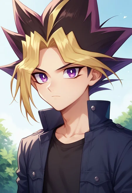 score_9, score_8_up, source_anime, highly detailed,
yami, 1boy, male focus, blonde hair, solo, purple eyes, multicolored hair, shirt, black shirt, jacket, closed mouth, spiked hair,
outdoor, upper body,