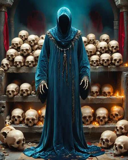 hooded faceless human sorcerer standing near a pile of skulls, evil temple, dais, volumetric lighting, velvet robe, intense color, <lora:add-detail-xl:1.0>, <lora:xl_more_art-full_v1:0.4>, <lora:XSfenlie:1> fenliexl, <lora:lora:1>, realistic photo